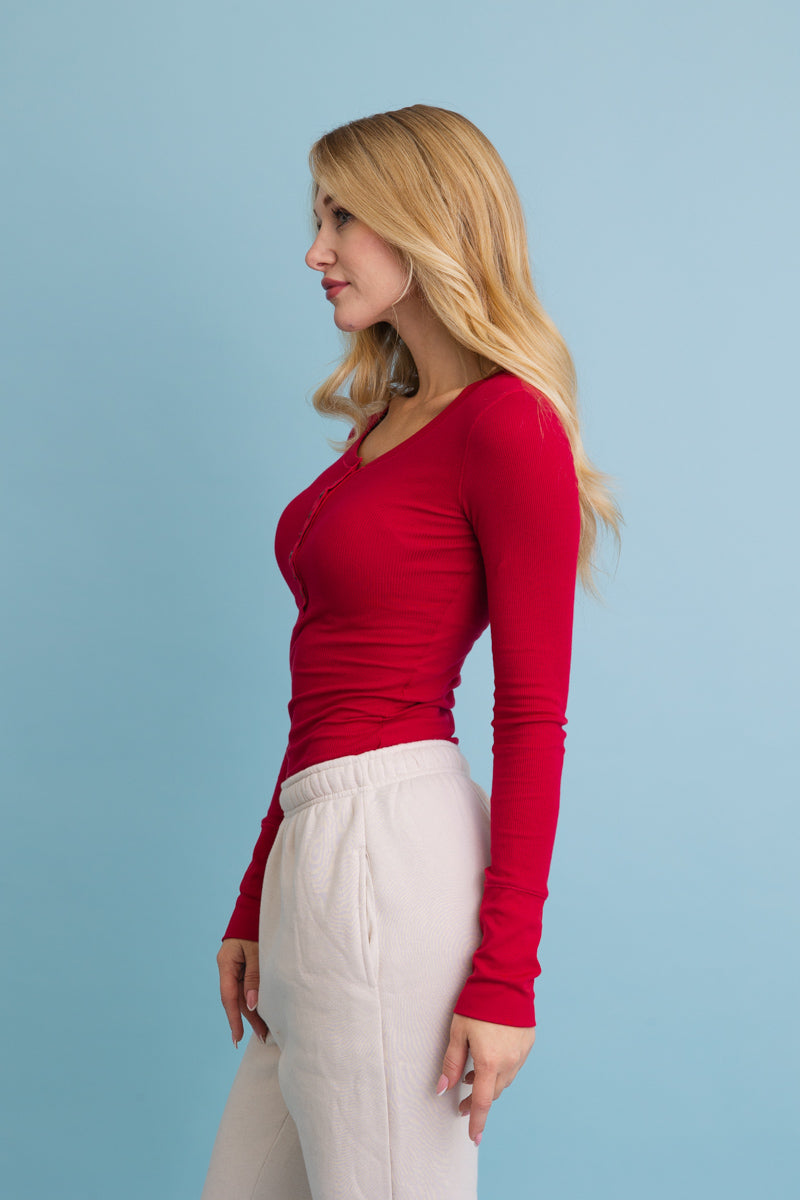 Cotton Long Sleeve Ribbed Henley Top with Buttons