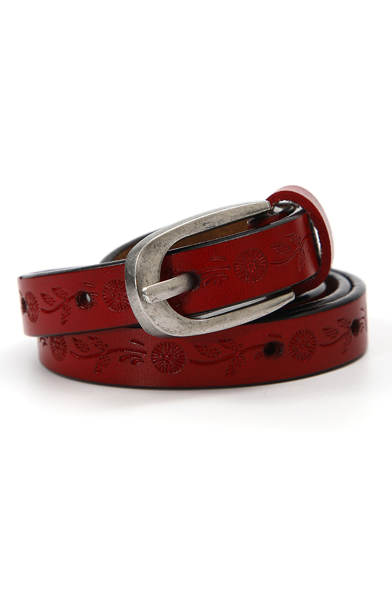 Floral Embossed Skinny Leather Belt 🌹