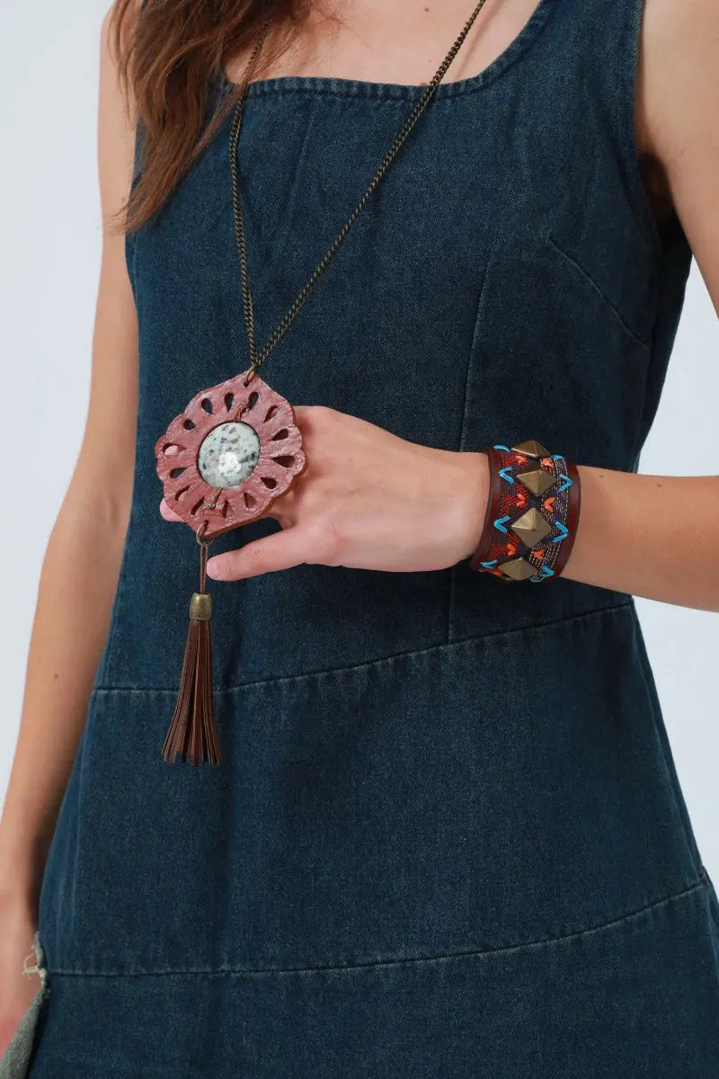 Tribal Circle Pendant Necklace – Leather &amp; Turquoise ☀️ Leto Collection