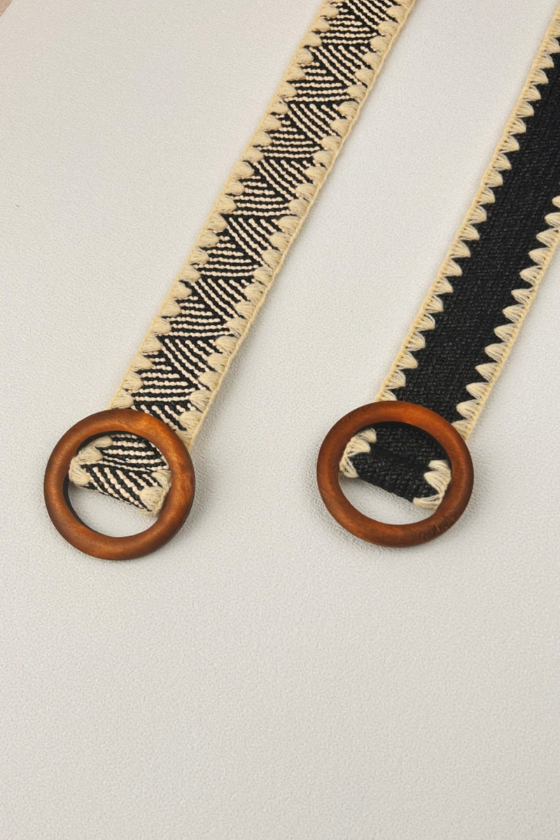 Whipstitch Raffia Belt with Wooden Round Buckle