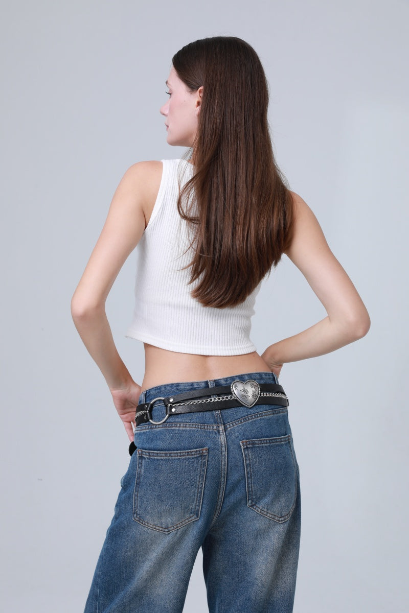 Vintage Western Belt – Faux Leather with Heart &amp; Chain Accent 🤠💖