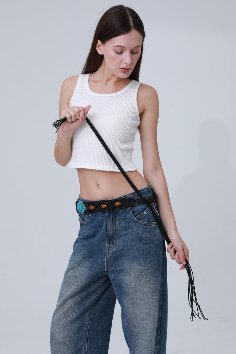 Bohemian Waist Rope – Adjustable Braided Belt with Turquoise Beads🩵