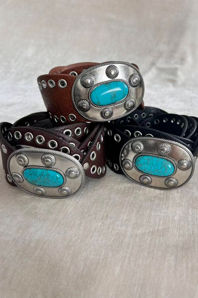 Boho Western Belt – Vintage Turquoise Inlaid Buckle💎