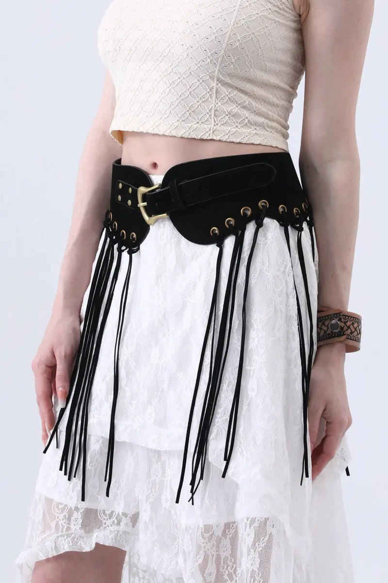 Boho Rodeo: Western Style Fringe Embellished Suede Corset Belt Leto Collection