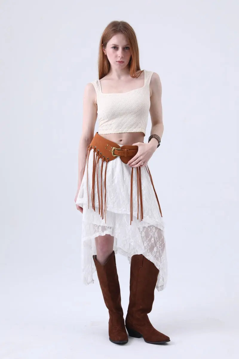 Boho Rodeo: Western Style Fringe Embellished Suede Corset Belt Leto Collection