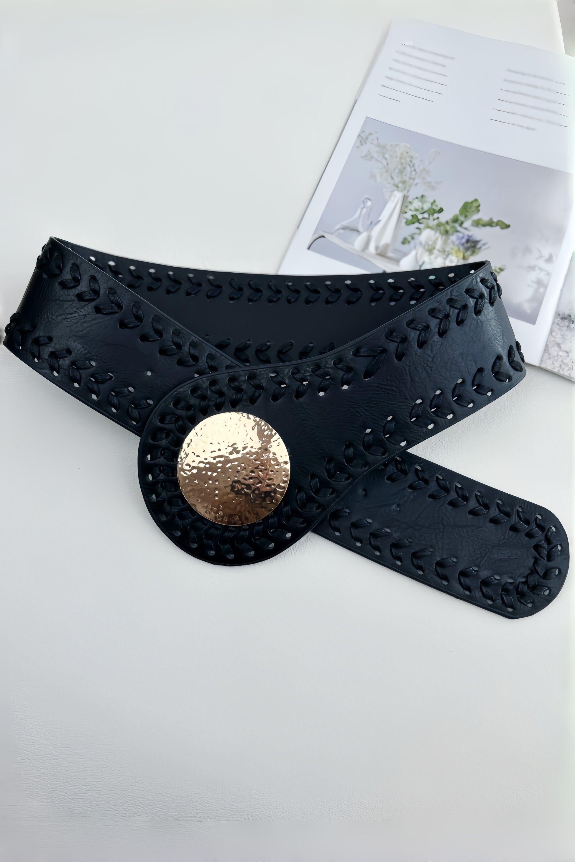 Artisan Soul: Boho Whipstitch Wide Leather Belt with Hammered Gold Buckle