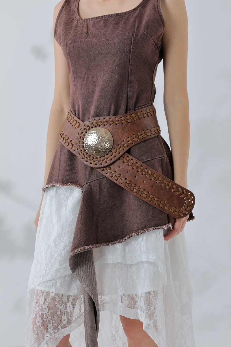 Artisan Soul: Boho Whipstitch Wide Leather Belt with Hammered Gold Buckle