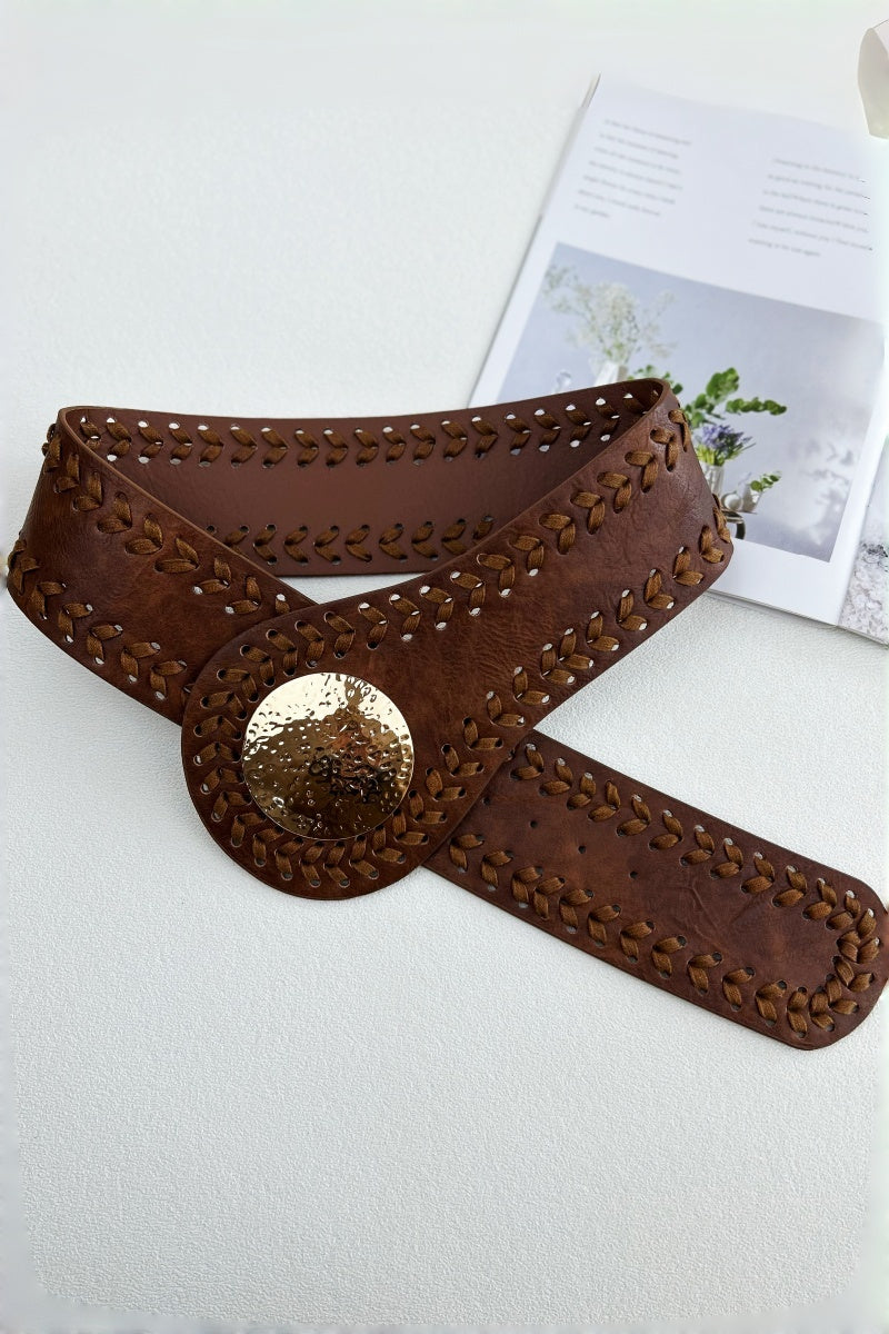 Artisan Soul: Boho Whipstitch Wide Leather Belt with Hammered Gold Buckle