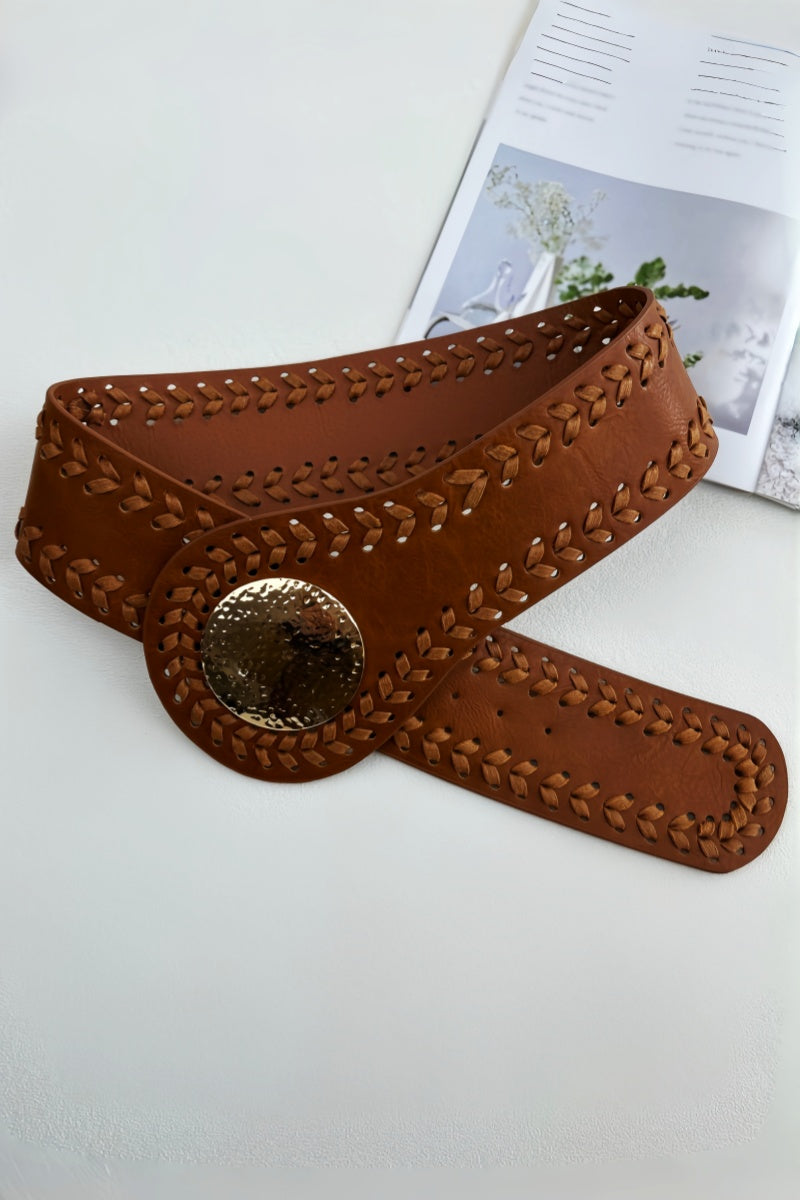 Artisan Soul: Boho Whipstitch Wide Leather Belt with Hammered Gold Buckle
