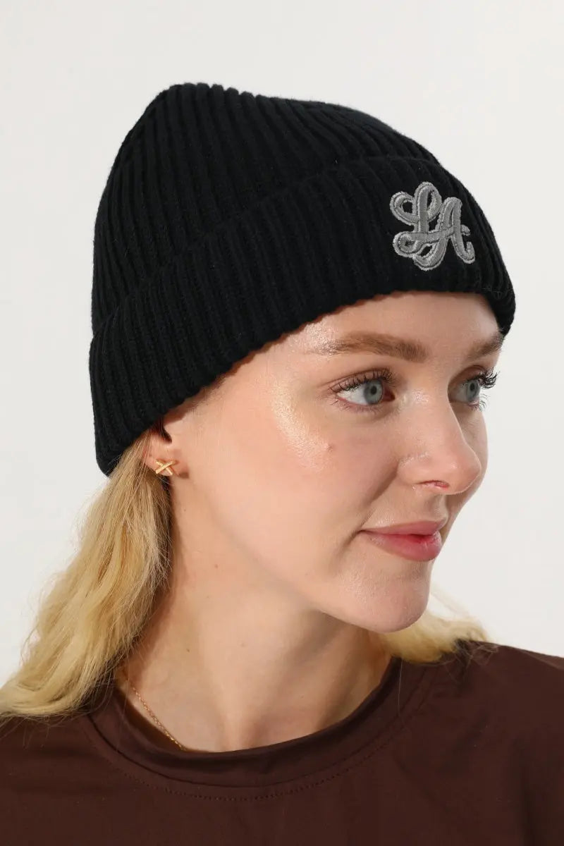 Women LA Embroidery Ribbed Knit Cuff Beanie Winter Hat 🧶❄️ Leto Collection