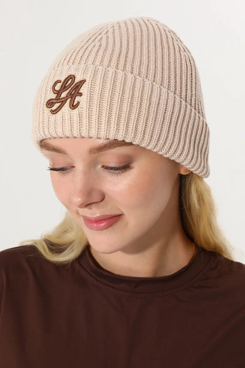 Women LA Embroidery Ribbed Knit Cuff Beanie Winter Hat 🧶❄️ Leto Collection