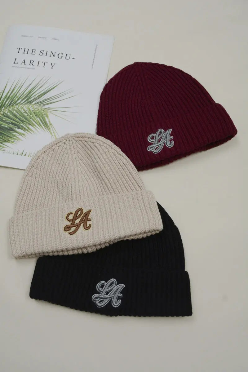 Women LA Embroidery Ribbed Knit Cuff Beanie Winter Hat 🧶❄️ Leto Collection