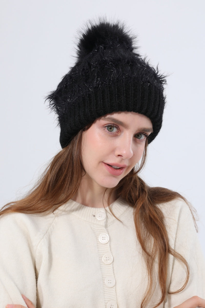 Women Fluffy Knit Beanie With Faux Fur Pom Pom Winter Hat Leto Collection