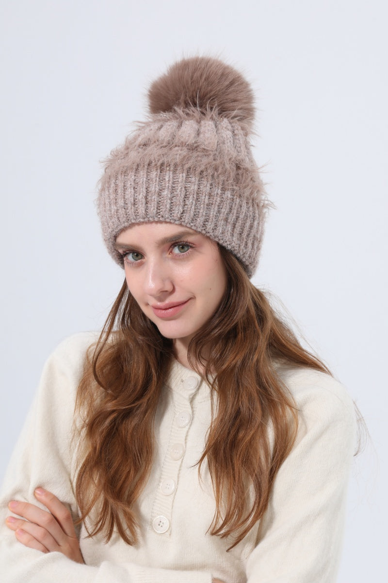 Women Fluffy Knit Beanie With Faux Fur Pom Pom Winter Hat Leto Collection