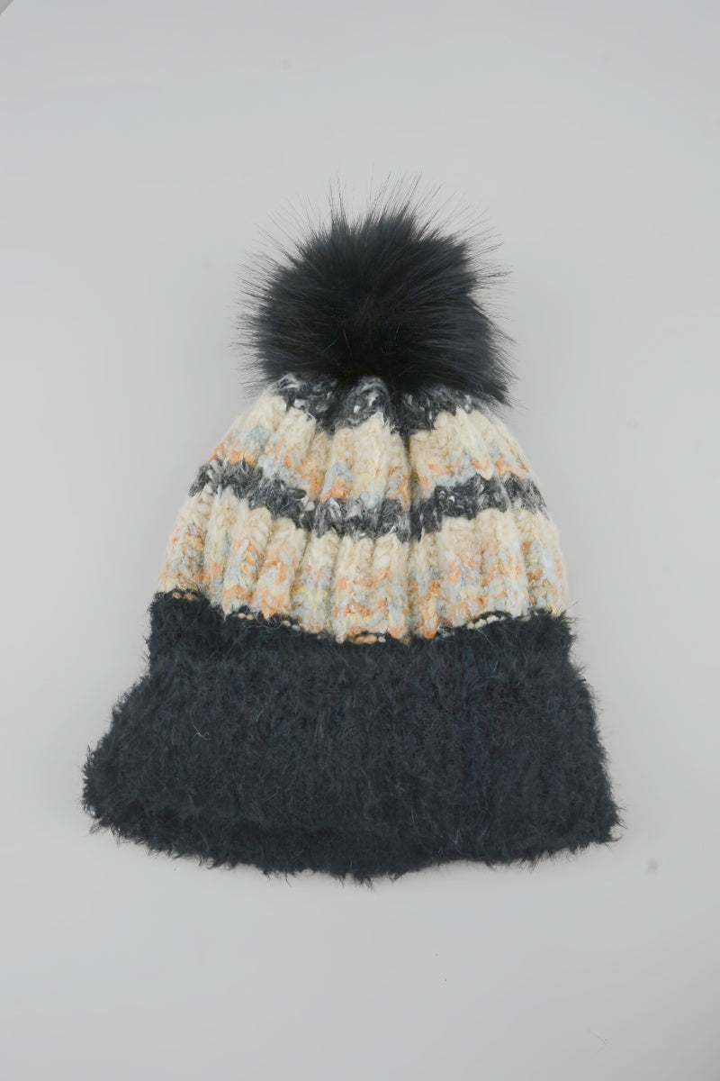 Women Color Mix Knit Beanie With Faux Fur Pom Pom Winter Hat Leto Collection