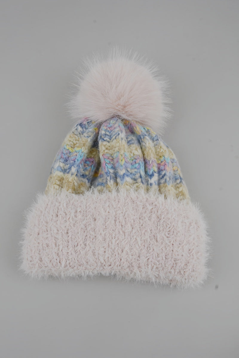 Women Color Mix Knit Beanie With Faux Fur Pom Pom Winter Hat Leto Collection