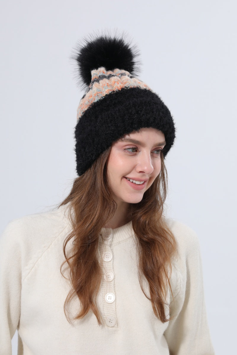 Women Color Mix Knit Beanie With Faux Fur Pom Pom Winter Hat Leto Collection