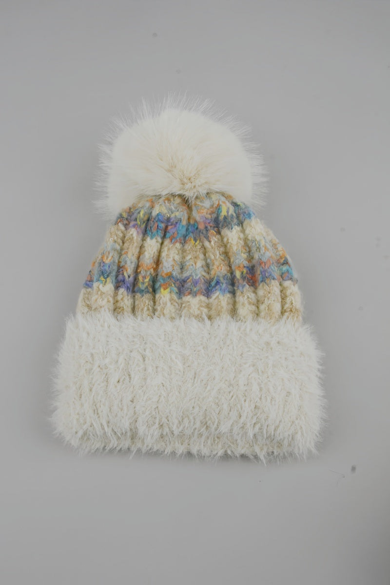 Women Color Mix Knit Beanie With Faux Fur Pom Pom Winter Hat Leto Collection