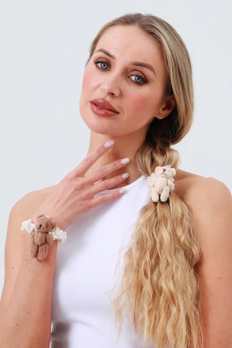 Cute Bear Pearl Scrunchie – Everyday Hair Charm 🐻 Leto Collection