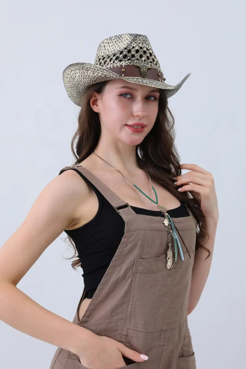 Edgy Ink-Western Hat – Bull Skull Band &amp; Artistic Flair🤠🔥 Leto Collection