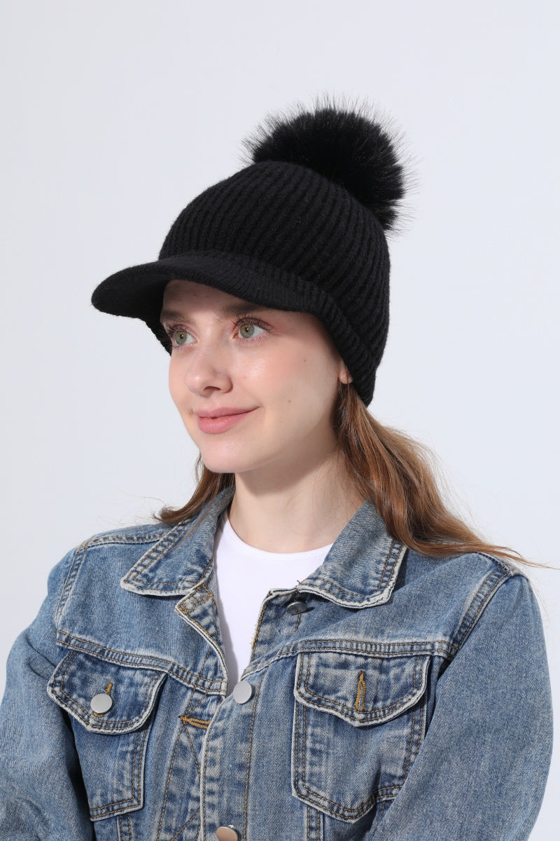 Women Ribbed Knit Visor Beanie With Faux Fur Pom Pom Winter Hat Leto Collection