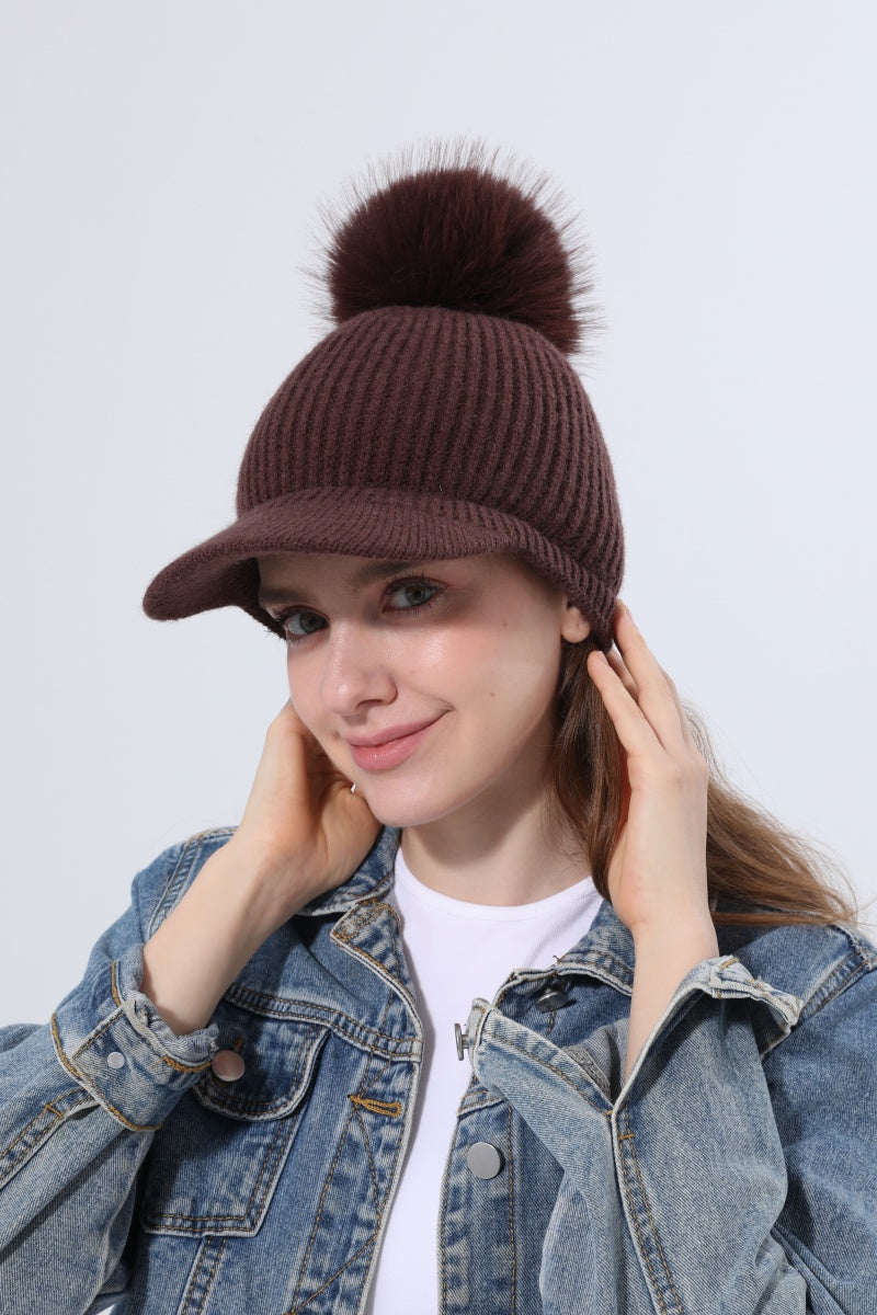 Women Ribbed Knit Visor Beanie With Faux Fur Pom Pom Winter Hat Leto Collection