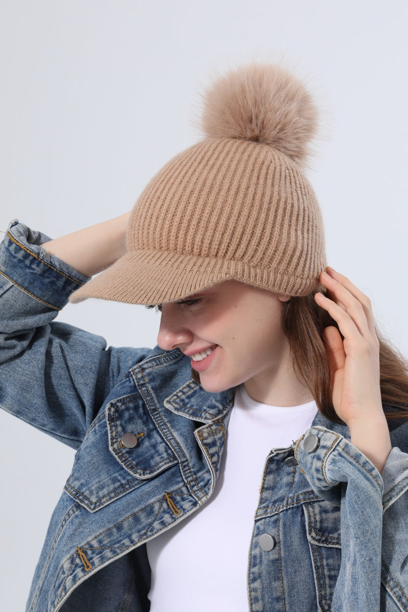 Women Ribbed Knit Visor Beanie With Faux Fur Pom Pom Winter Hat Leto Collection