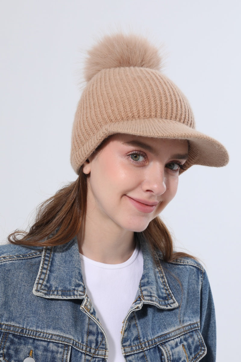 Women Ribbed Knit Visor Beanie With Faux Fur Pom Pom Winter Hat Leto Collection