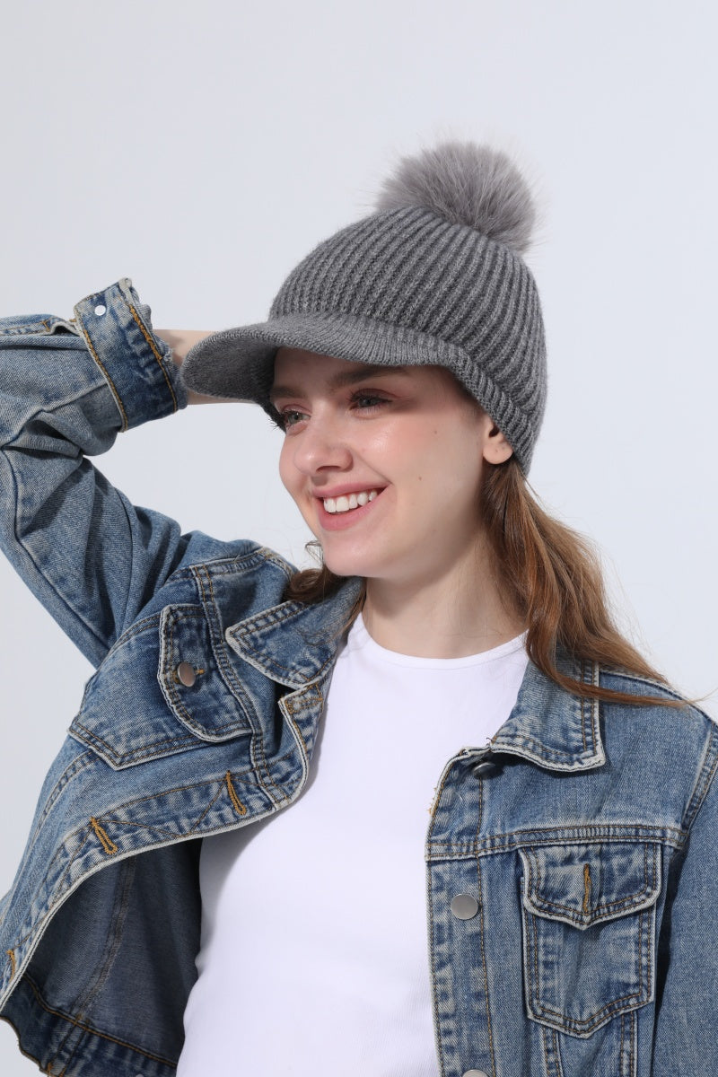 Women Ribbed Knit Visor Beanie With Faux Fur Pom Pom Winter Hat Leto Collection