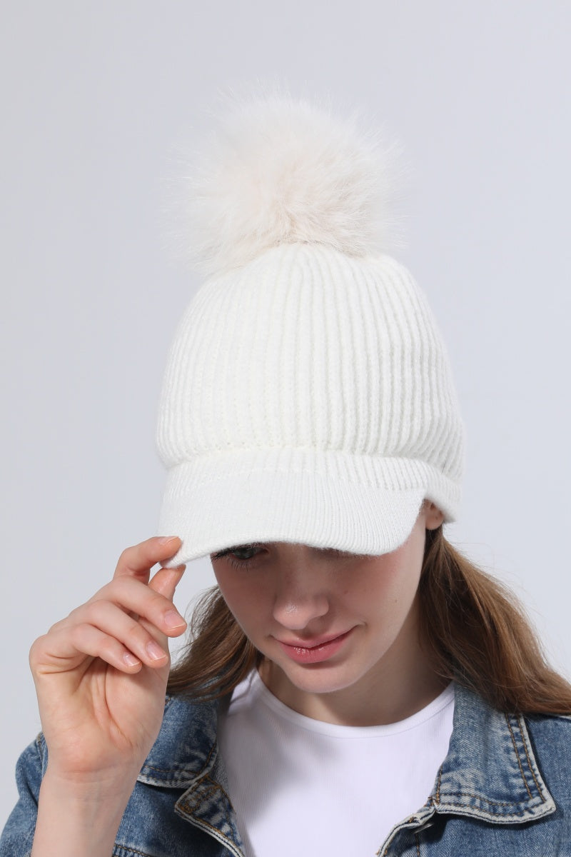 Women Ribbed Knit Visor Beanie With Faux Fur Pom Pom Winter Hat Leto Collection