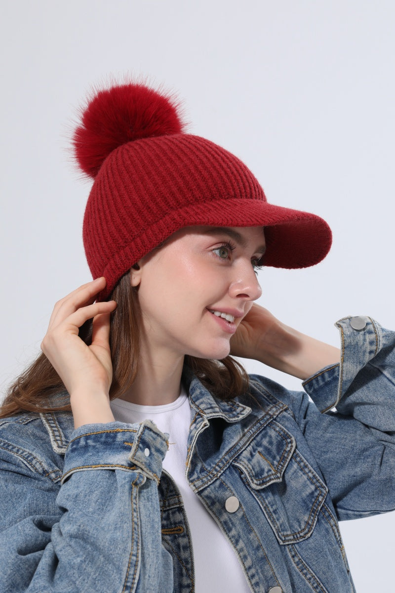 Women Ribbed Knit Visor Beanie With Faux Fur Pom Pom Winter Hat Leto Collection