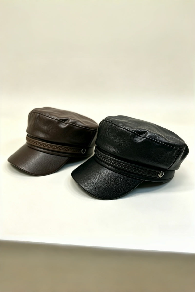 Vintage Faux Leather Military Style Flat Cap for Women Leto Collection