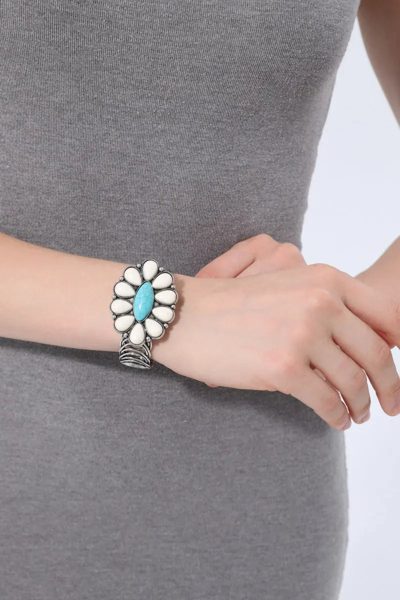 Women Western Turquoise Flower Elastic Cuff Style Bracelet Leto Collection