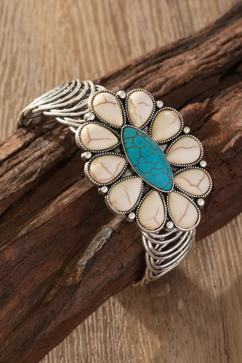 Women Western Turquoise Flower Elastic Cuff Style Bracelet Leto Collection