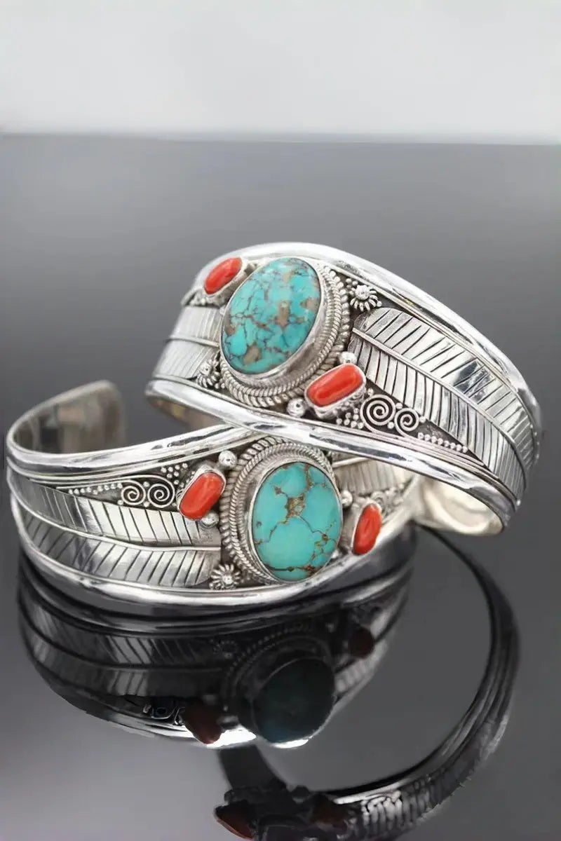 Vintage Silver Cuff Bracelet Inlaid Turquoise Coral Detail Leto Collection