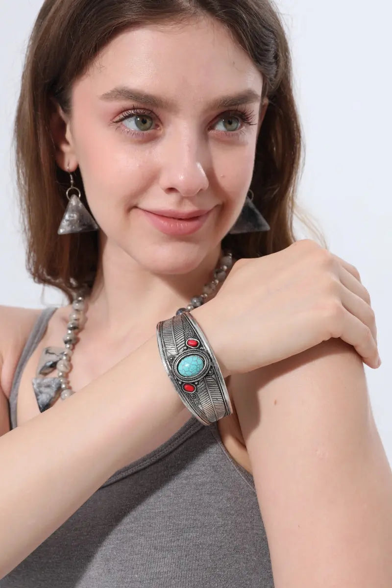 Vintage Silver Cuff Bracelet Inlaid Turquoise Coral Detail Leto Collection