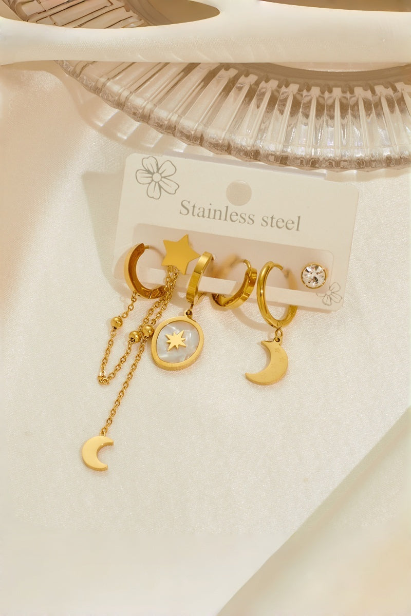 3 Pairs Gold Star Moon Stainless Steel Earrings Set