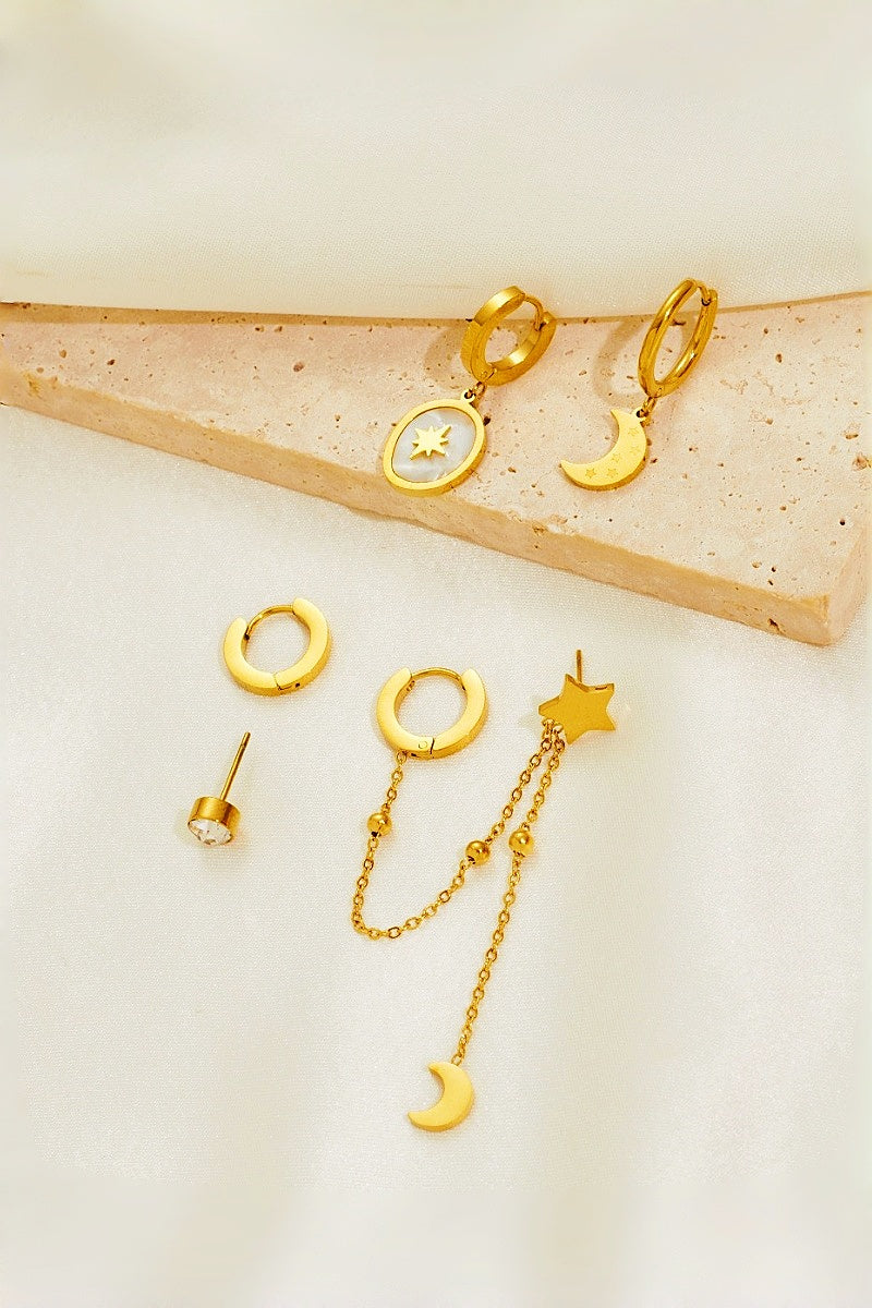 3 Pairs Gold Star Moon Stainless Steel Earrings Set
