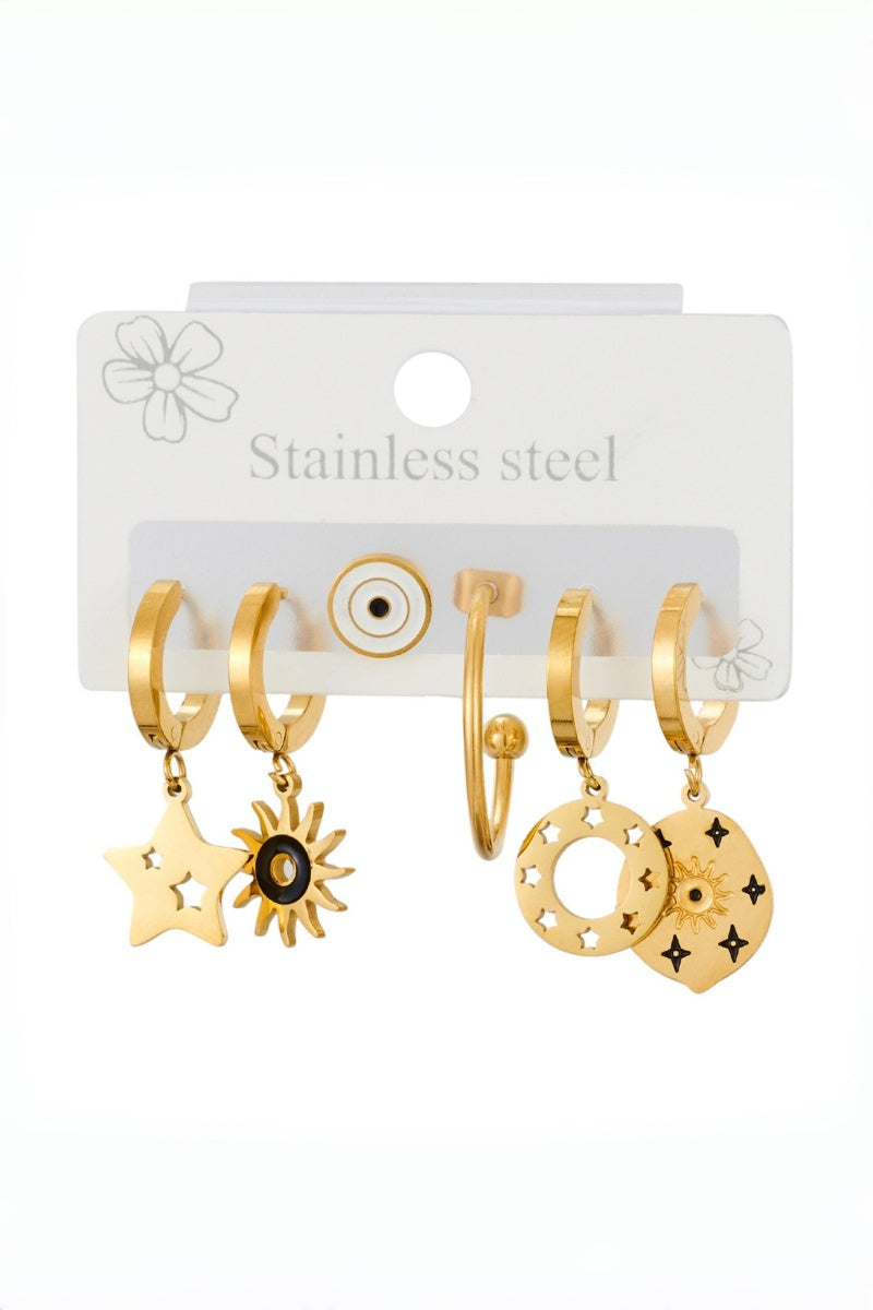 3 Pairs Gold Evil Eye Star Sun Stainless Steel Earring Set