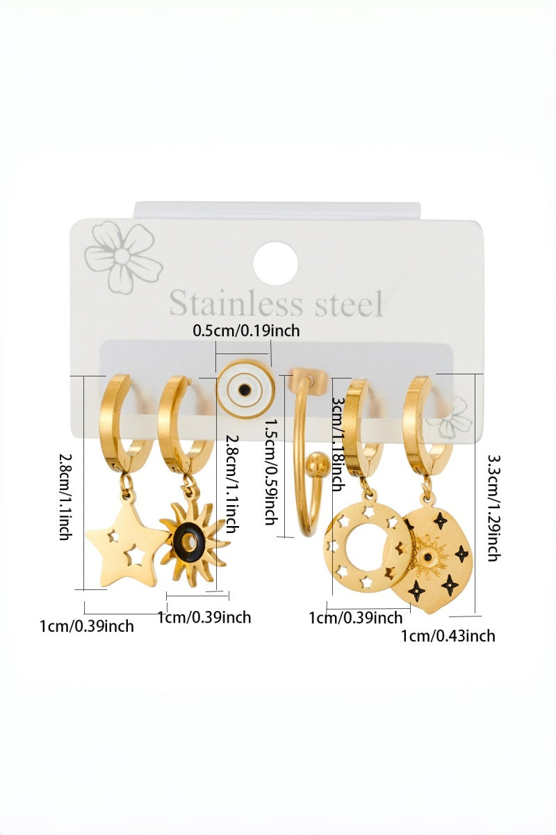 3 Pairs Gold Evil Eye Star Sun Stainless Steel Earring Set