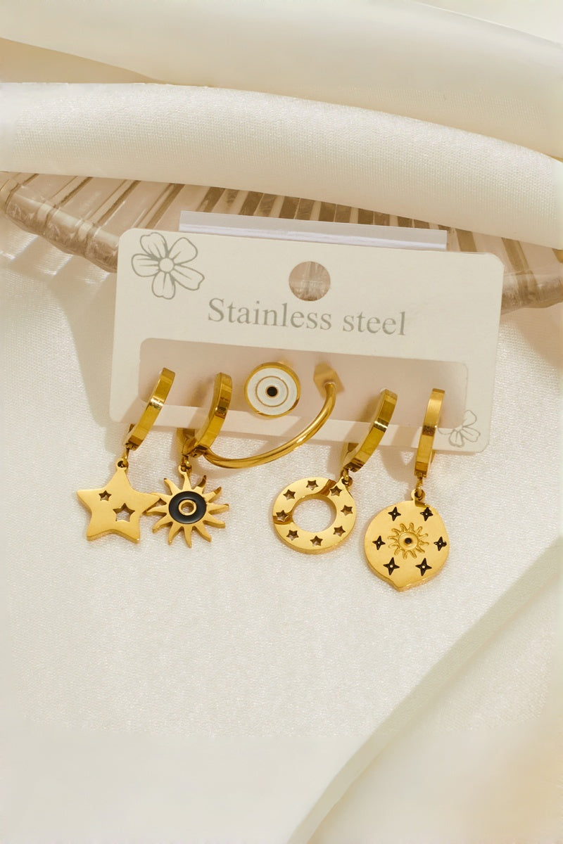 3 Pairs Gold Evil Eye Star Sun Stainless Steel Earring Set