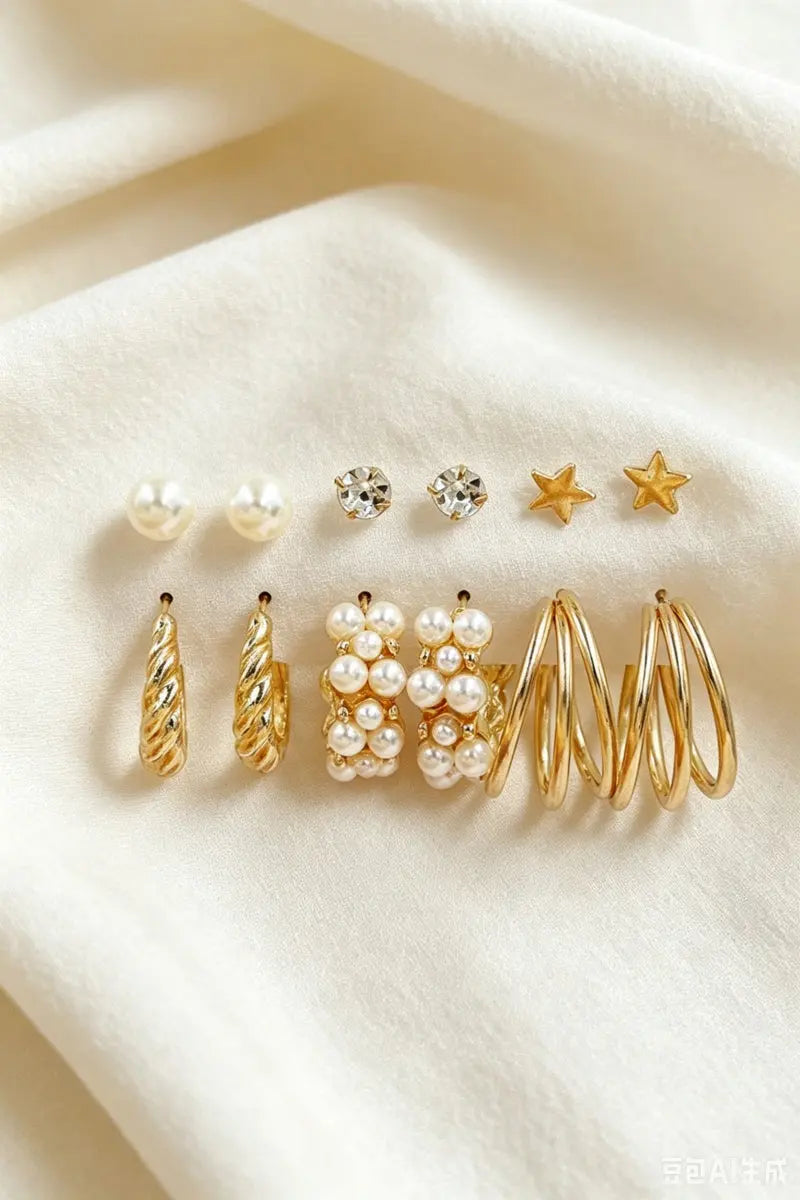 Gold Tone Mixed Style Star Pearl Rhinestone 3‑Pairs Earrings leto-collection