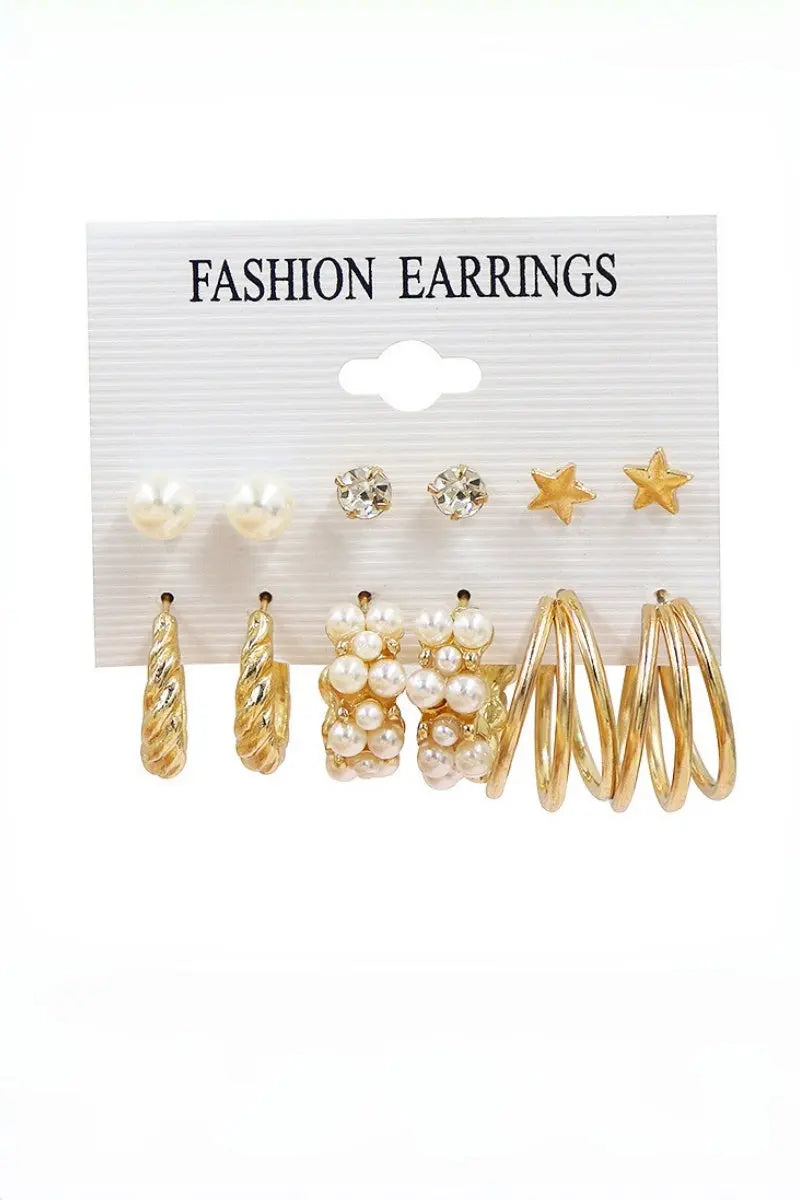 Gold Tone Mixed Style Star Pearl Rhinestone 3‑Pairs Earrings leto-collection