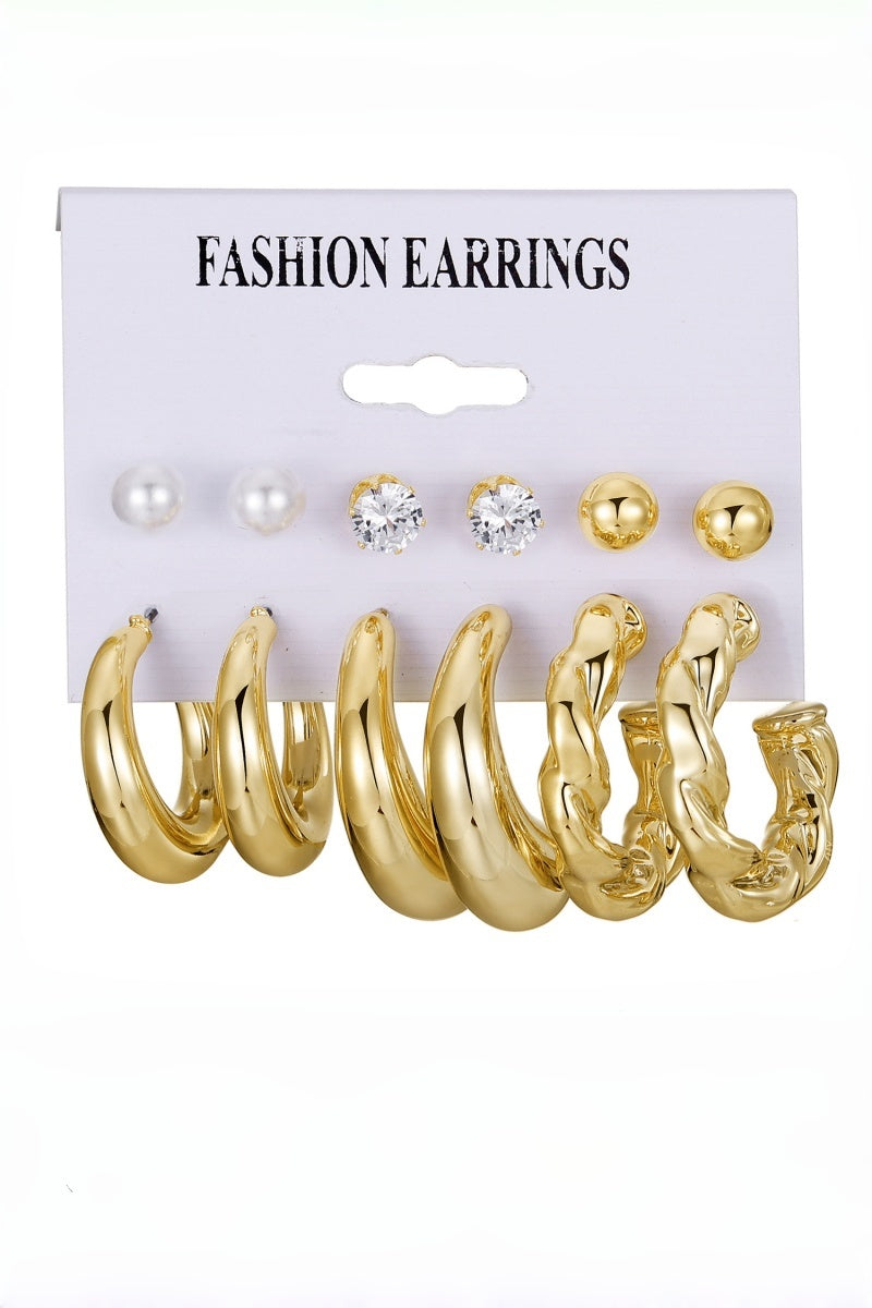 3 Pairs Gold Plated Pearl Zircon Hoop Earrings Assorted Set
