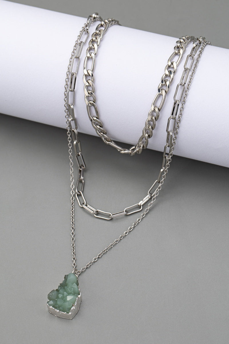 Women Layered Chunky Chain Necklace with Green Crystal Pendant Leto Collection