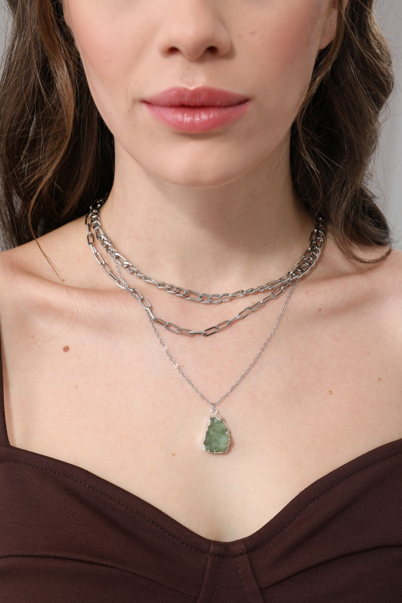 Women Layered Chunky Chain Necklace with Green Crystal Pendant Leto Collection