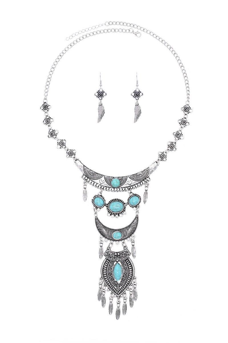 Boho Tribal Turquoise Pendant Necklace with Wing Earrings for Women Leto Collection