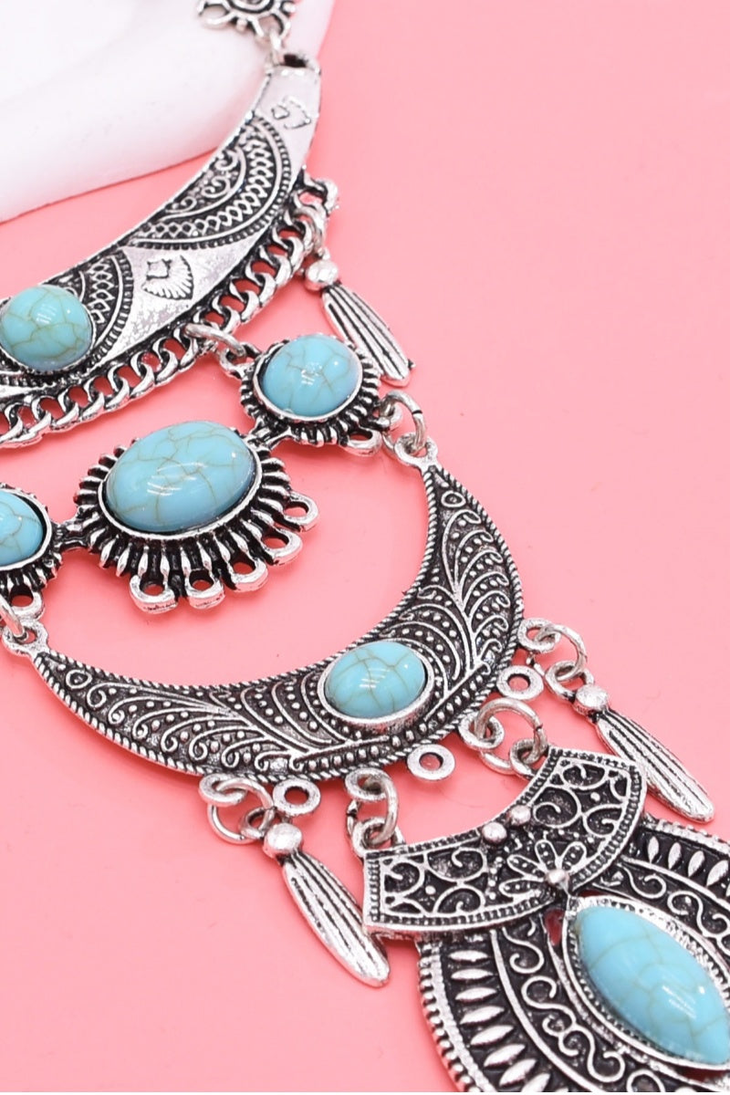 Boho Tribal Turquoise Pendant Necklace with Wing Earrings for Women Leto Collection