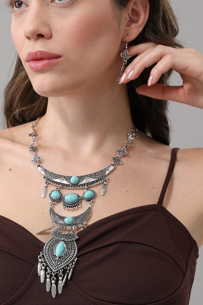 Boho Tribal Turquoise Pendant Necklace with Wing Earrings for Women Leto Collection