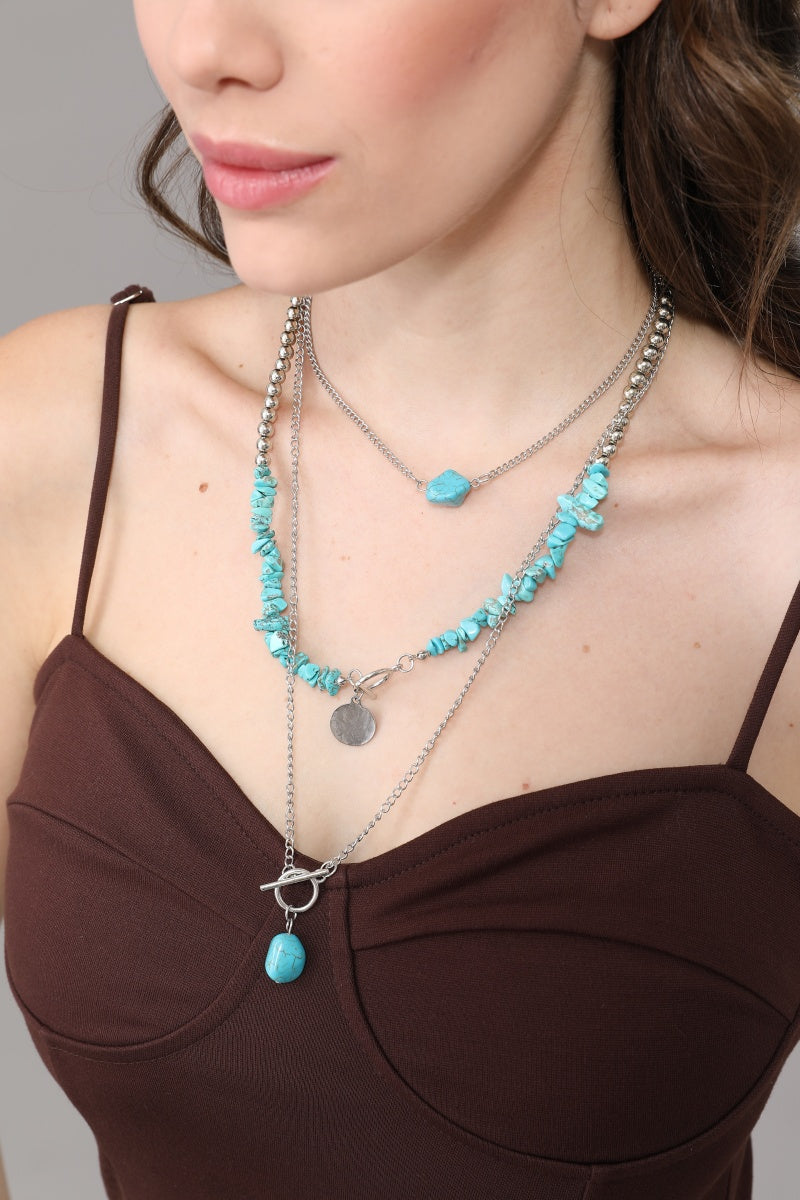 Multi Layer Western Style Turquoise Chip Bead Necklace for Women Leto Collection